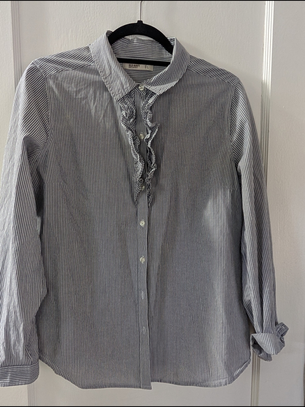 Old Navy Blue and White Striped Ruffle-Front Dress Shirt